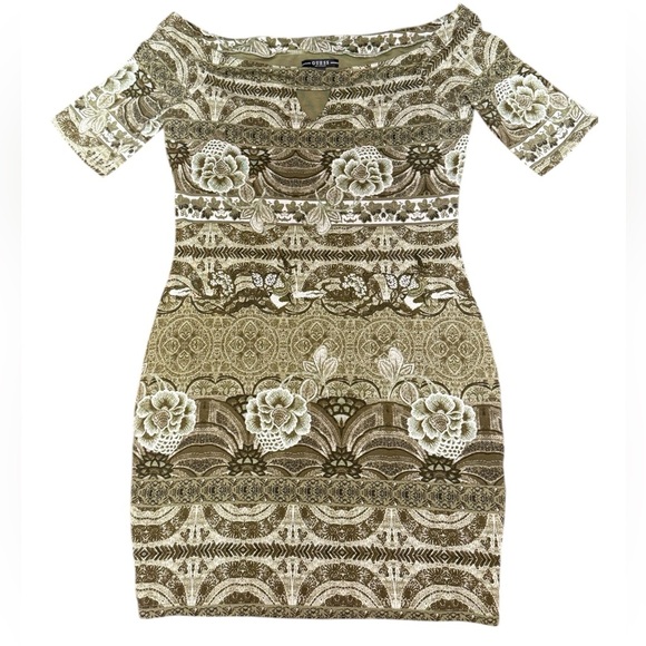 Guess Off Shoulder Dress KeyHole Front Short Sleeve Floral Olive Green Large - Picture 1 of 10